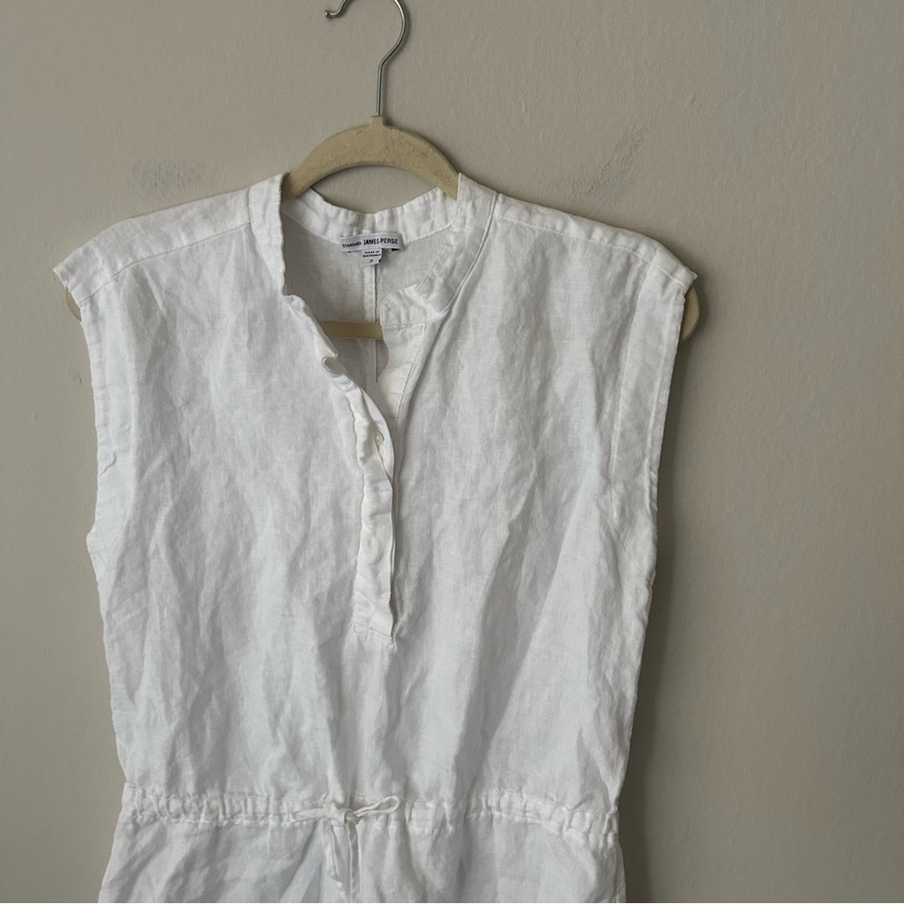 JAMES PERSE 100% Linen Drawstring Dress White Drop Waist Tie Waist Button Front - Picture 3 of 10